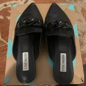 Steve Madden Black Pointed Slip-On Mules with Chain Accent